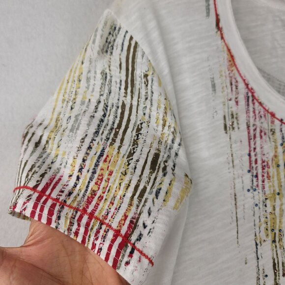 FDJ French Dressing Exotica Print Tee M White Multicolor Short Sleeve Sparkle Ne - Picture 4 of 13